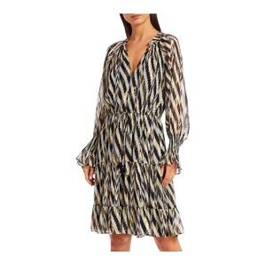 Figue Bohemian Rhapsody Kaia Metallic Zebra Stripe Puff Sleeve Silk Dress